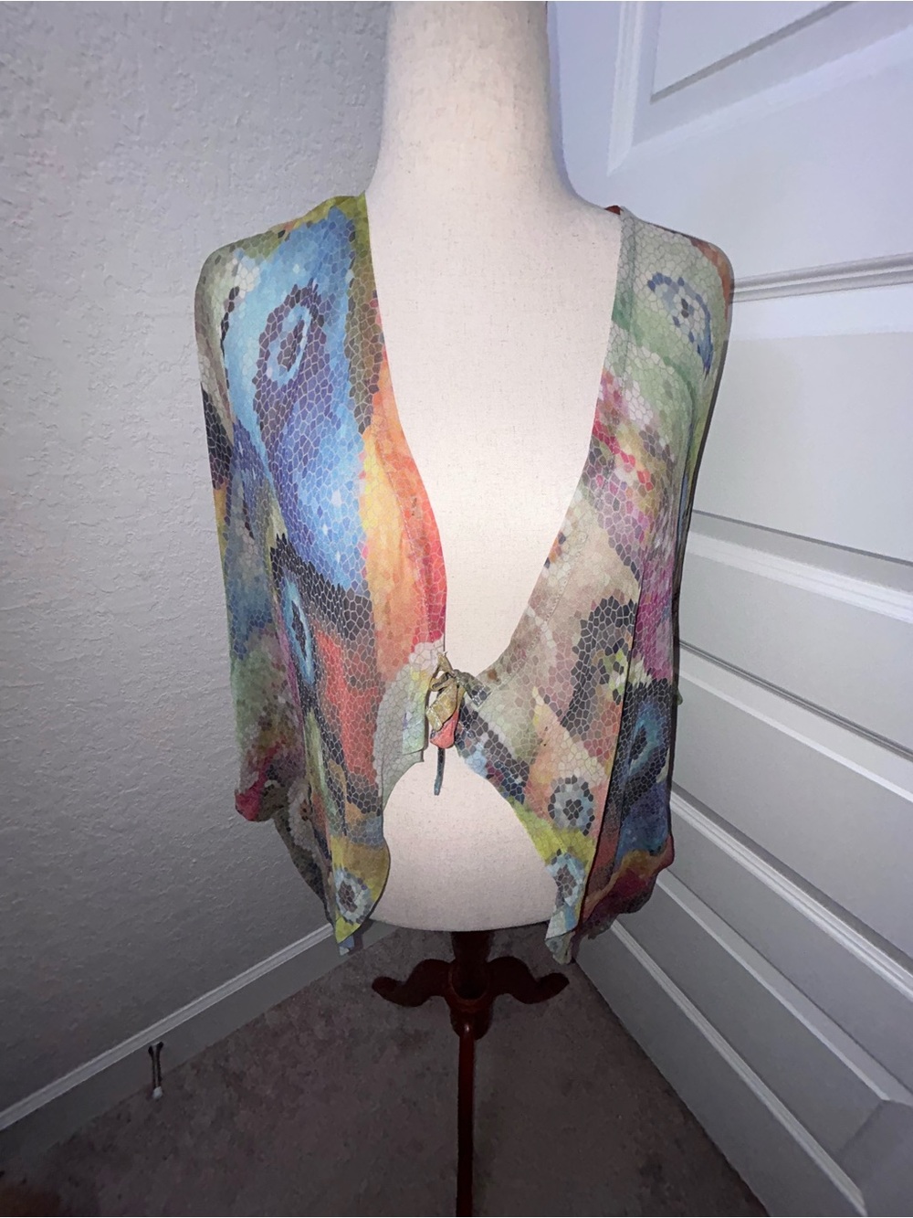 COCOON HOUSE 100% Silk Sheer Crop Tie Front Kimono Blouse Top